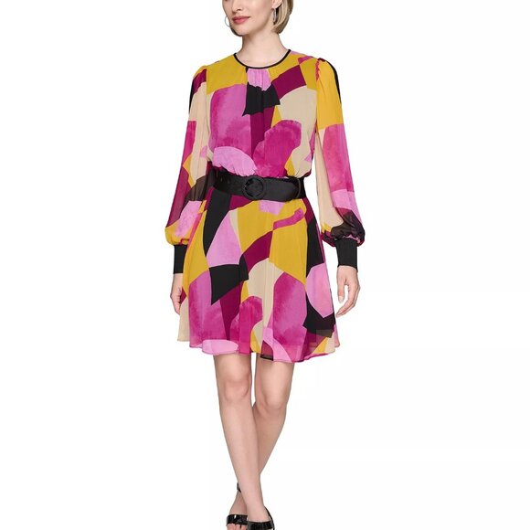 NWT! Karl Lagerfeld Dress! ONLY $69!RETAIL $165! Geo-Print Chiffon Dress Size 14 - Picture 1 of 3